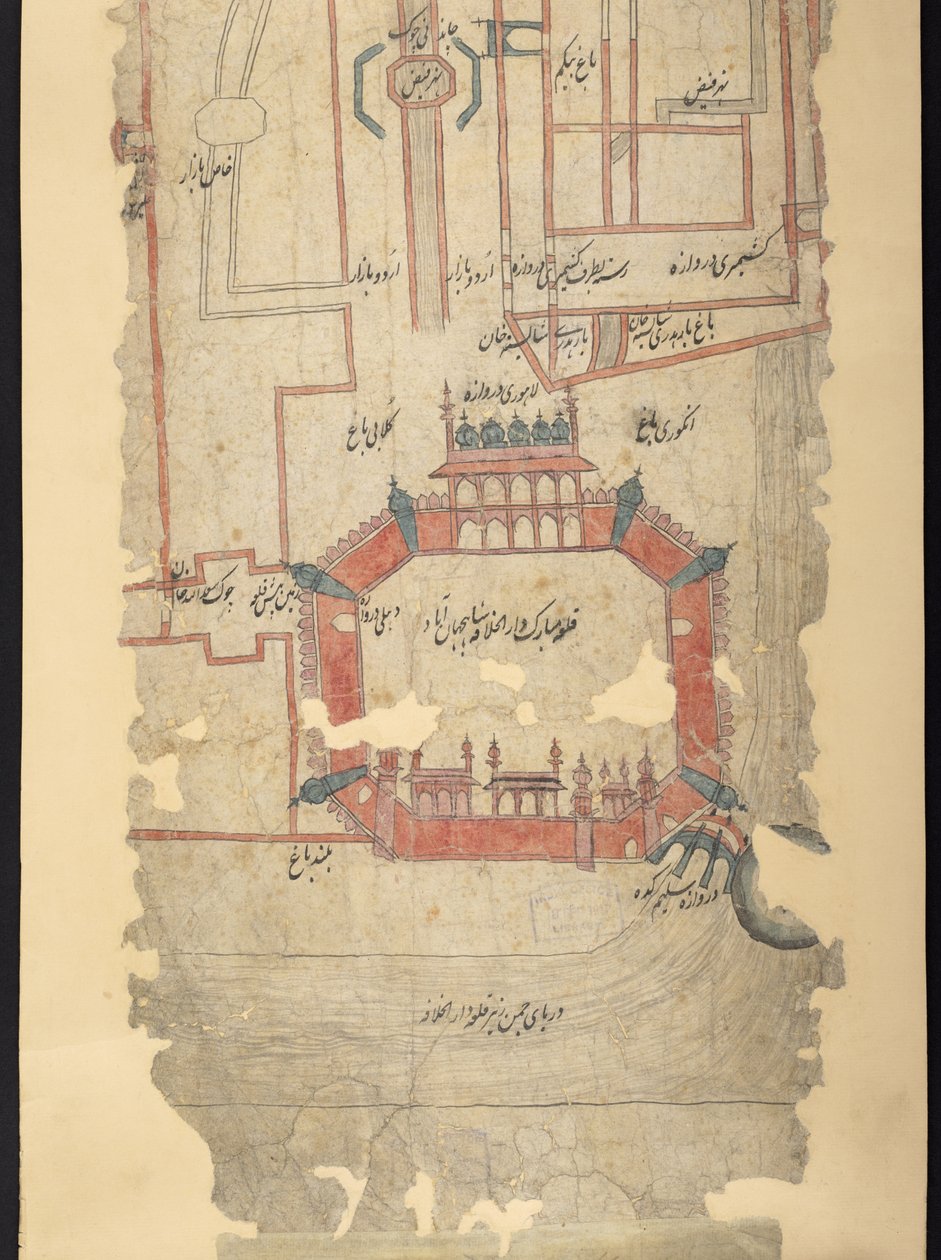 IO Islamic 4725 Fort of Delhi ja pohjoisen alue, osa kääröstä, joka kuvaa "Reittiä Delhistä Kandahariin" (muste ja väri paperille) tekijältä Indian School