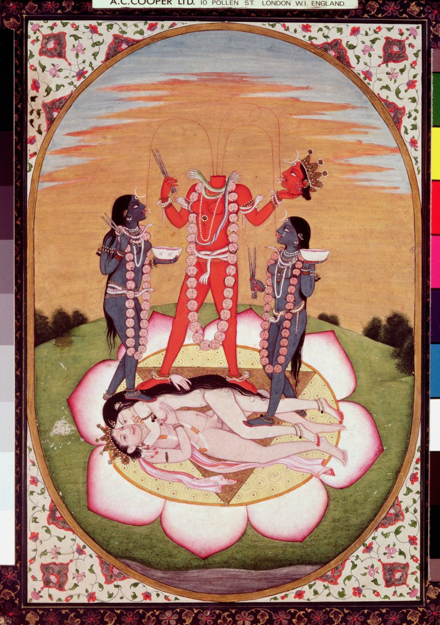 Chinnamastan ikoni, Mahavidya, joka syntyy Alkuperäisen parin yhteenliitetyistä ruumiista, Kangra, n. 1800 (guassi paperilla) tekijältä Indian School