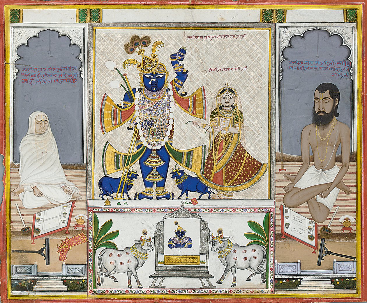 Kuvitus käsikirjoituksesta Srinathjin palvonnasta Rajasthanissa 1800-luvun alussa tekijältä Indian School