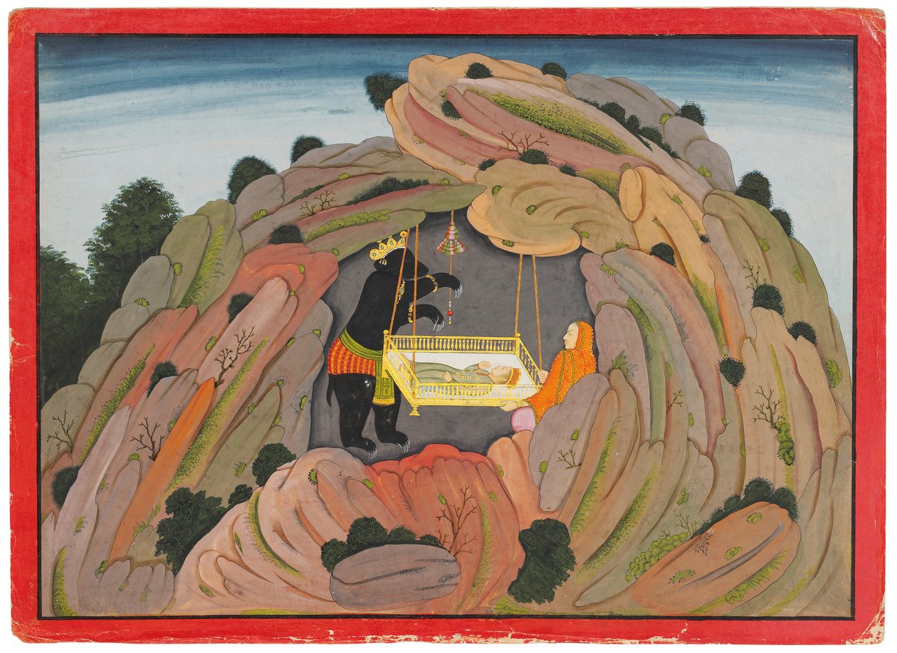 Kuvitus Bhagavata Puranalle: Jambavan antaa Symantaka-jalokivin tyttärelleen leikkimään, n. 1760-65 tekijältä Indian School
