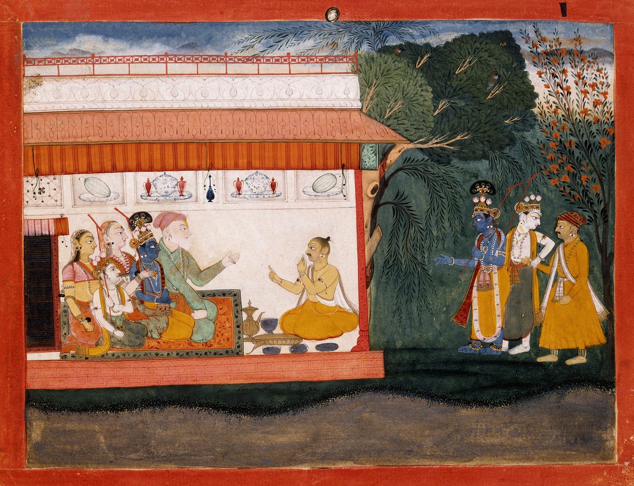 Bhagvata Puranan kuvitus, jossa Balarama ottaa Akruraa kädestä nuoremman veljensä Krishnan kanssa, noin 1700 tekijältä Indian School