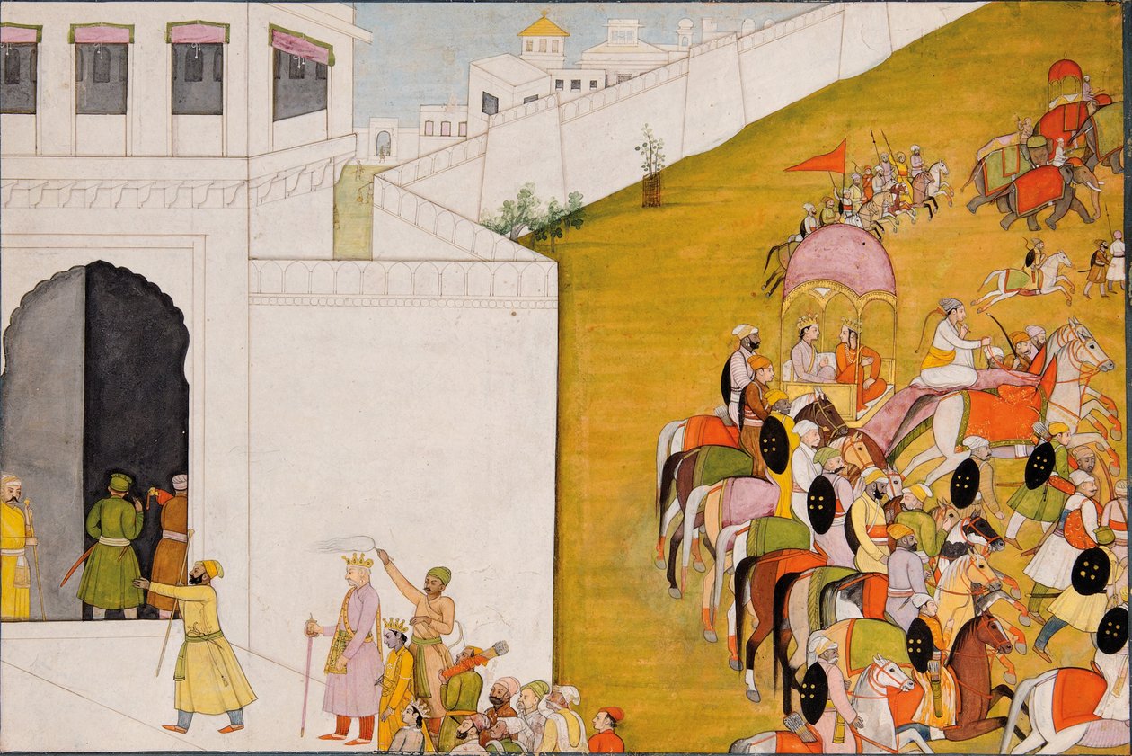 Kuvitus Ramayanasta: Rama saapuu Mithilaan suorittamaan jousiammuntakilpailun, n. 1775-80 tekijältä Indian School