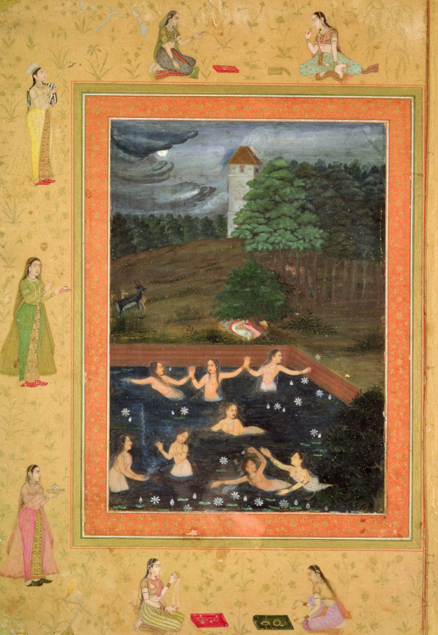 Sisään. 07B.38r Kahdeksan naista uimassa, n. 1650 (tunnus Payagiin) tekijältä Indian School