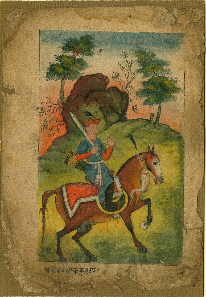 Intialainen aseistettu ratsuväki - Indian Art - c. 1500 - Guassi paperille - 20,3x14 - Yksityiskokoelma tekijältä Indian School