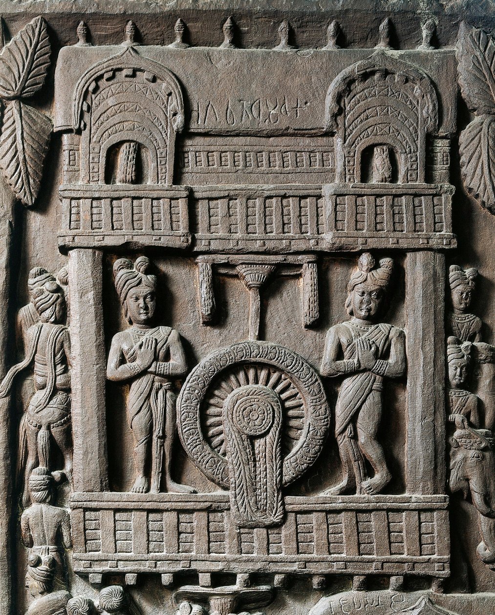 Intialainen taide, hindulaisuus: matala reliefi, joka edustaa kuningas Prasenjit II:n viimeistä vierailua Gautama Buddhan (Buddha) luona. 2. vuosisadalla eaa. Kolkata, Intian museo tekijältä Indian School