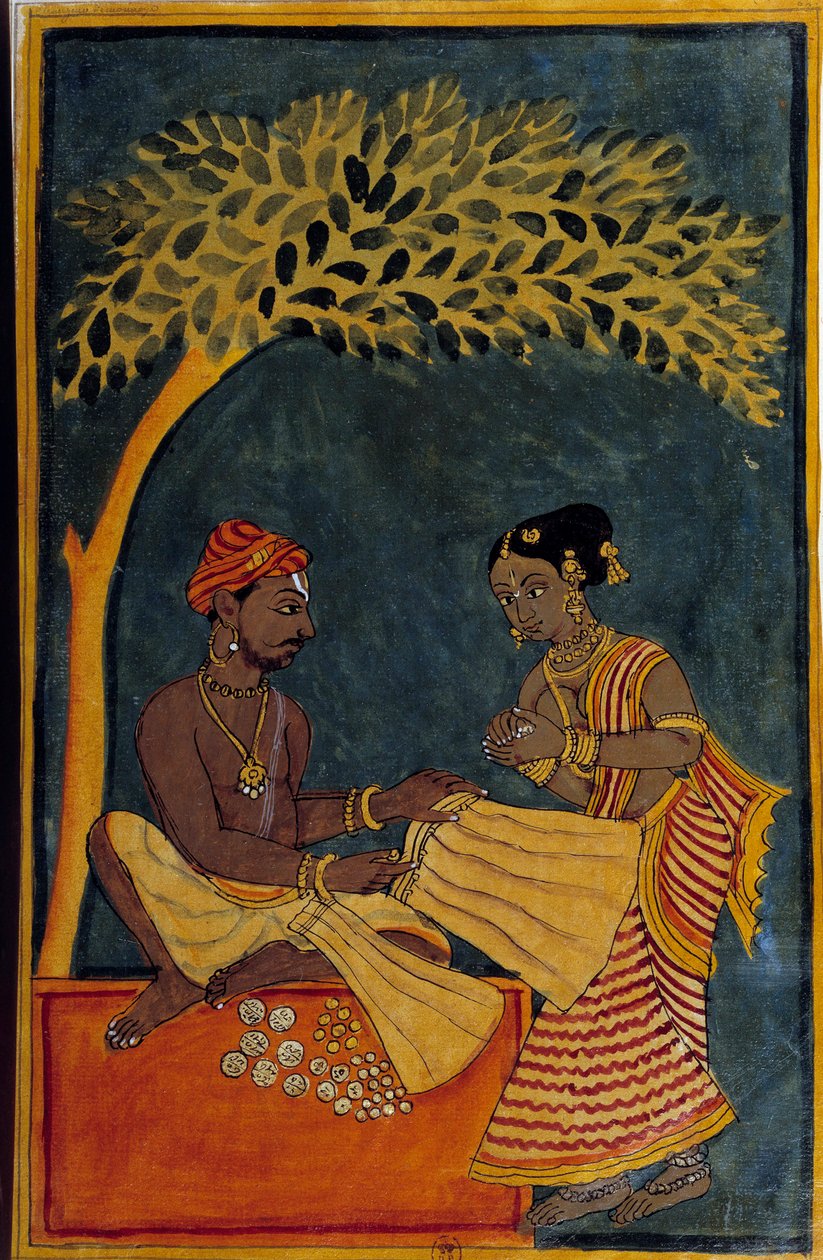 Intialainen taide: kangaskauppias. Akvarelli noin 1760. Paris, B.N. tekijältä Indian School
