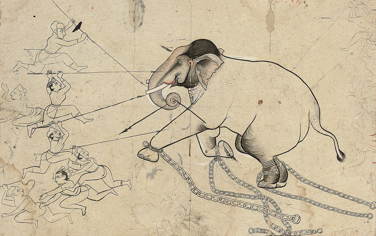 Isarda tai kotah valmisteleva piirros norsun kesyttämisestä, n. 1720 tekijältä Indian School