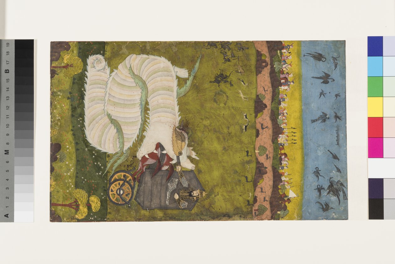 Isfandiyar hyökkää lohikäärmeen kimppuun, n. 1760 (läpinäkymätön wc ja kulta paperilla) tekijältä Indian School