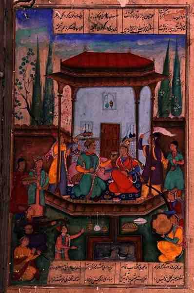 Iskandar Enthroned, folio 88a, Aleksanterin peilistä, kirjoittanut Amir Khusrau Dihlavi (1253-1325) Mughalin Nizamin Khamsan (Quw]tet) tarinan perusteella tekijältä Indian School