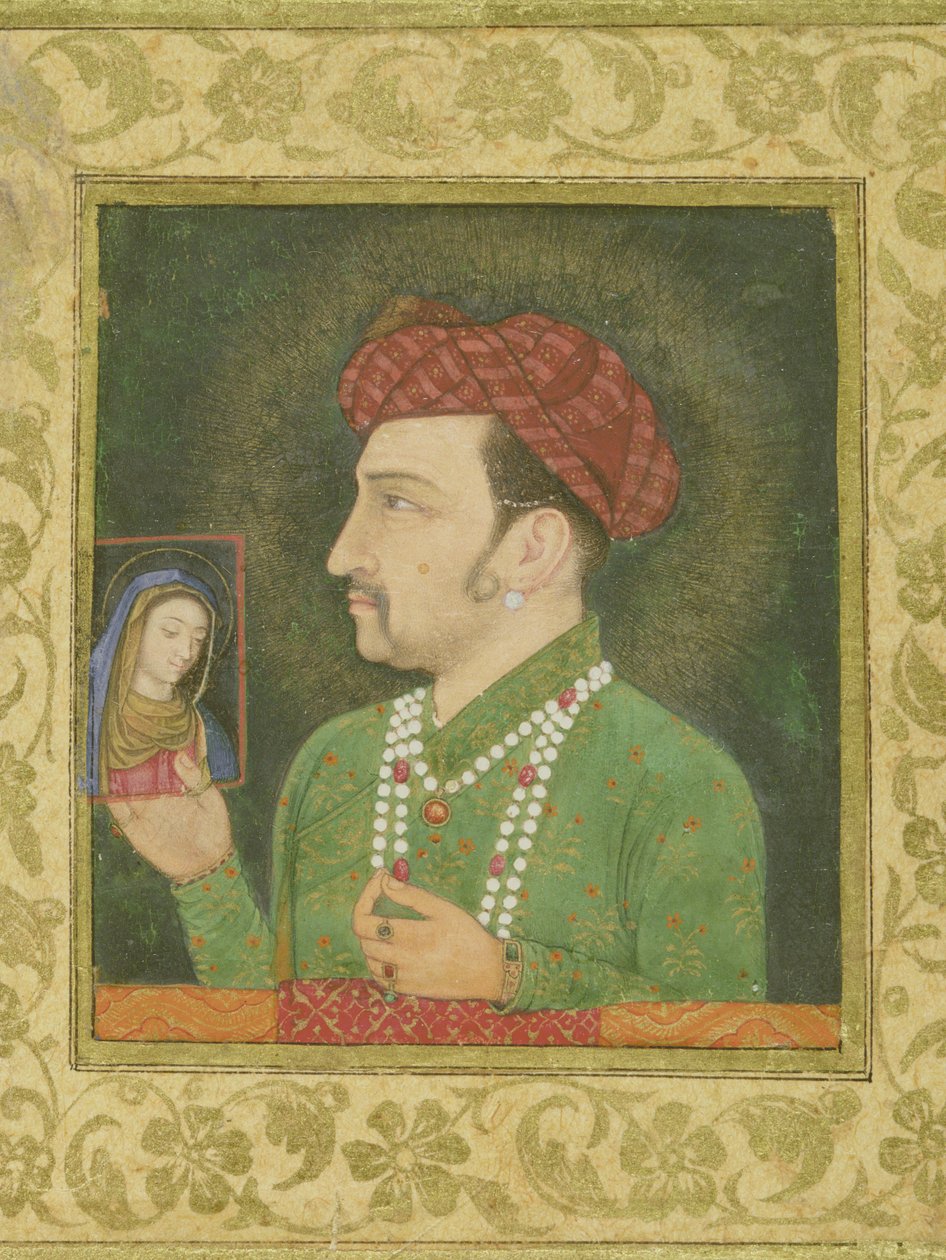 Jahangir pitelee Madonnan kuvaa, jossa on persiankielinen kaiverrus: Janhangir Shah, moguli tekijältä Indian School