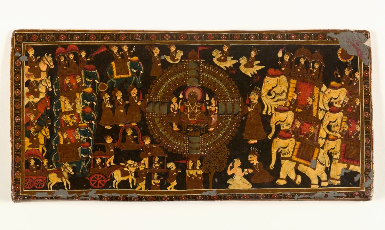 Jain-kirjan kansi (läpinäkymätön akvarelli ja metallipigmentti paperilla lakalla) (katso versio 423291) tekijältä Indian School