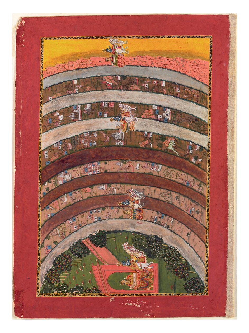 Matka tuntemattomien maiden halki, Krishnan matkoista hänen vaunuissaan, n. 1750 (läpinäkymätön wc, kultaa ja hopeaa paperilla) tekijältä Indian School
