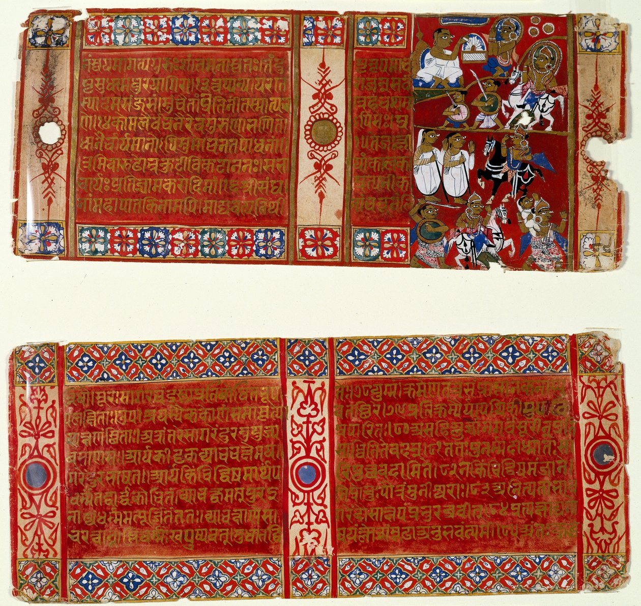 Kalakasta tulee Jain-munkki; Kalaka sieppaa nunnan, kaksi lehteä hajallaan olevasta Jain-käsikirjoituksesta Kalakacharya-kathasta Uttar Pradeshissa, n. 1465 (wc ja kultaa paperilla) tekijältä Indian School
