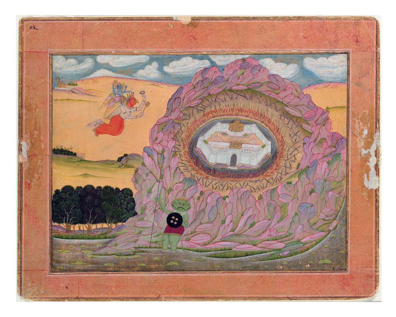 Krishna lähestyy Narakan linnoitusta, n. 1710 (läpinäkymätön wc ja kultaa paperilla) tekijältä Indian School