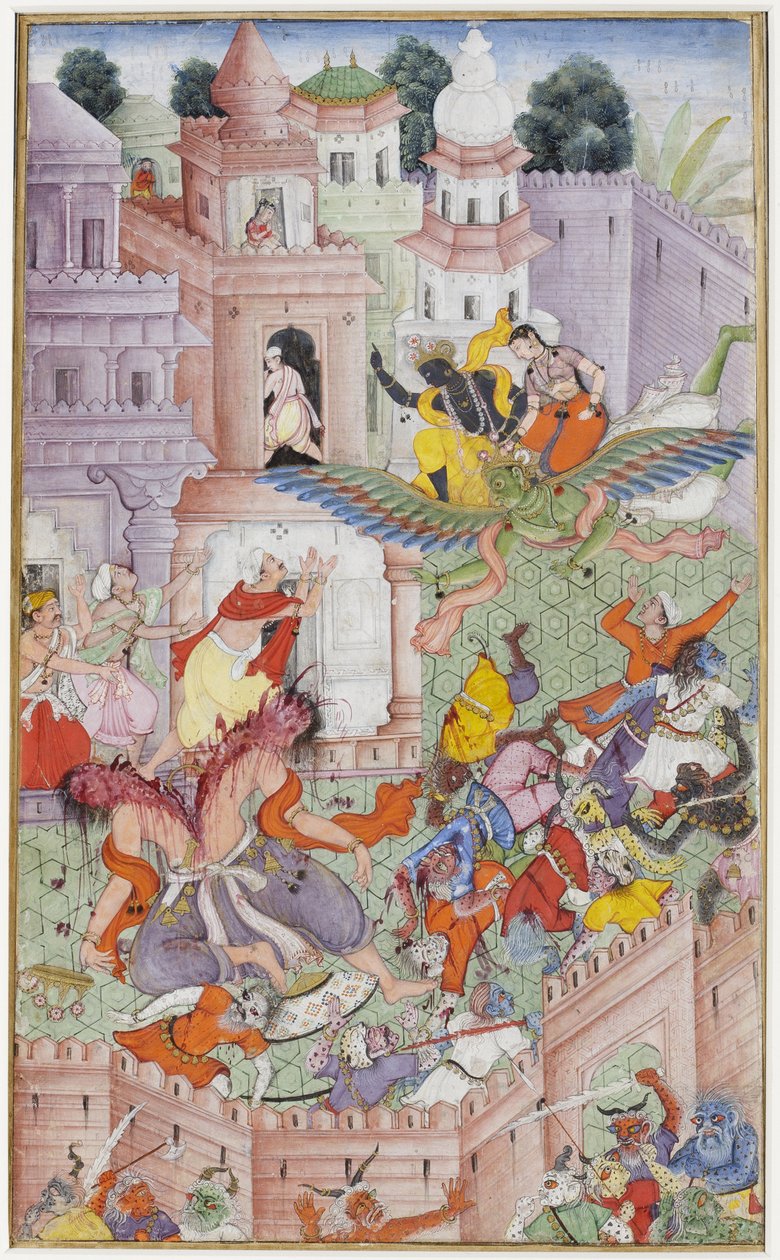 Krishna Cleaves the Demon Narakasura kiekkollaan, n. 1585-1590 (läpinäkymätön wc ja kultaa paperilla) tekijältä Indian School