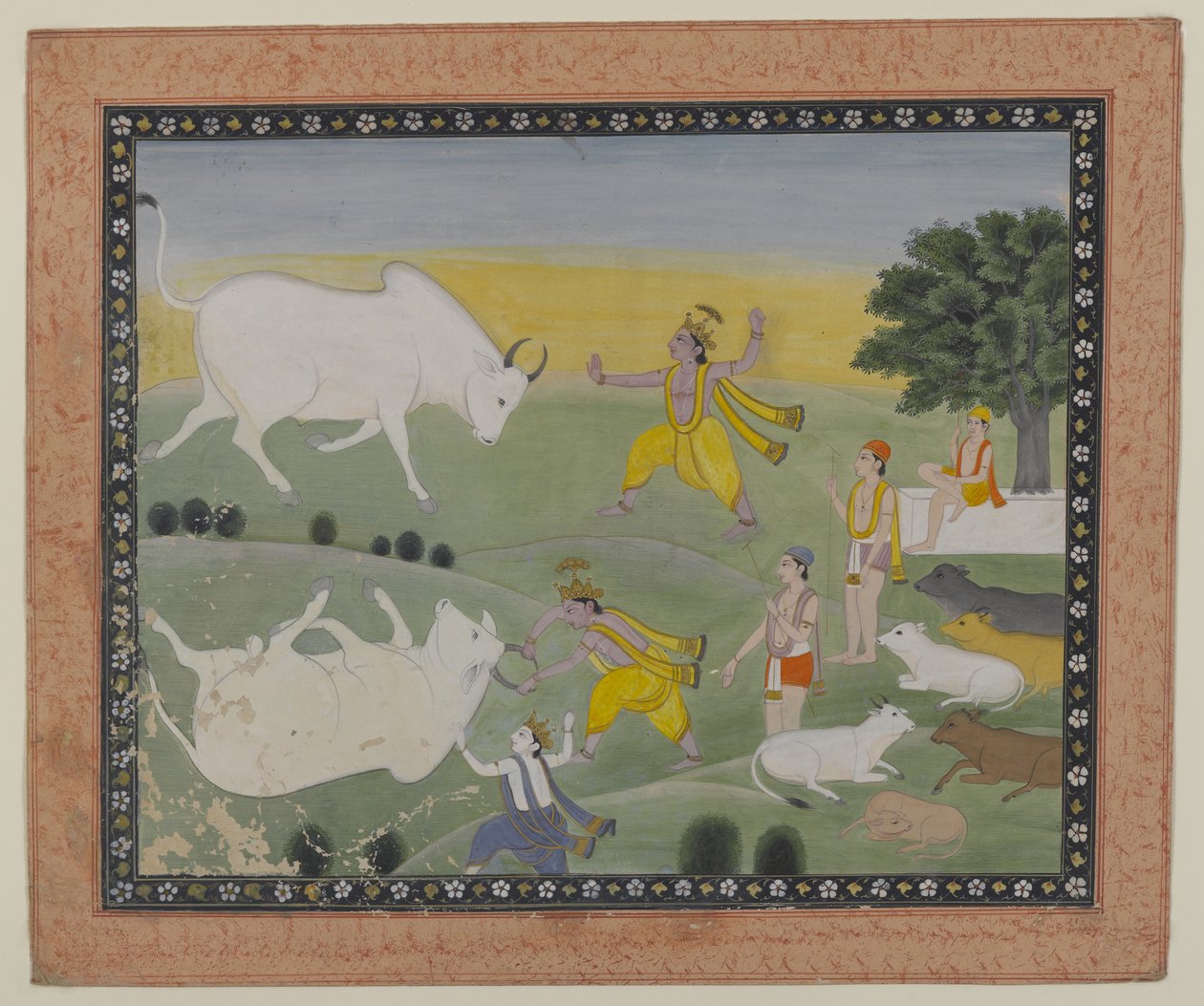 Krishna voittaa härkädemonin (akvarelli paperille) tekijältä Indian School