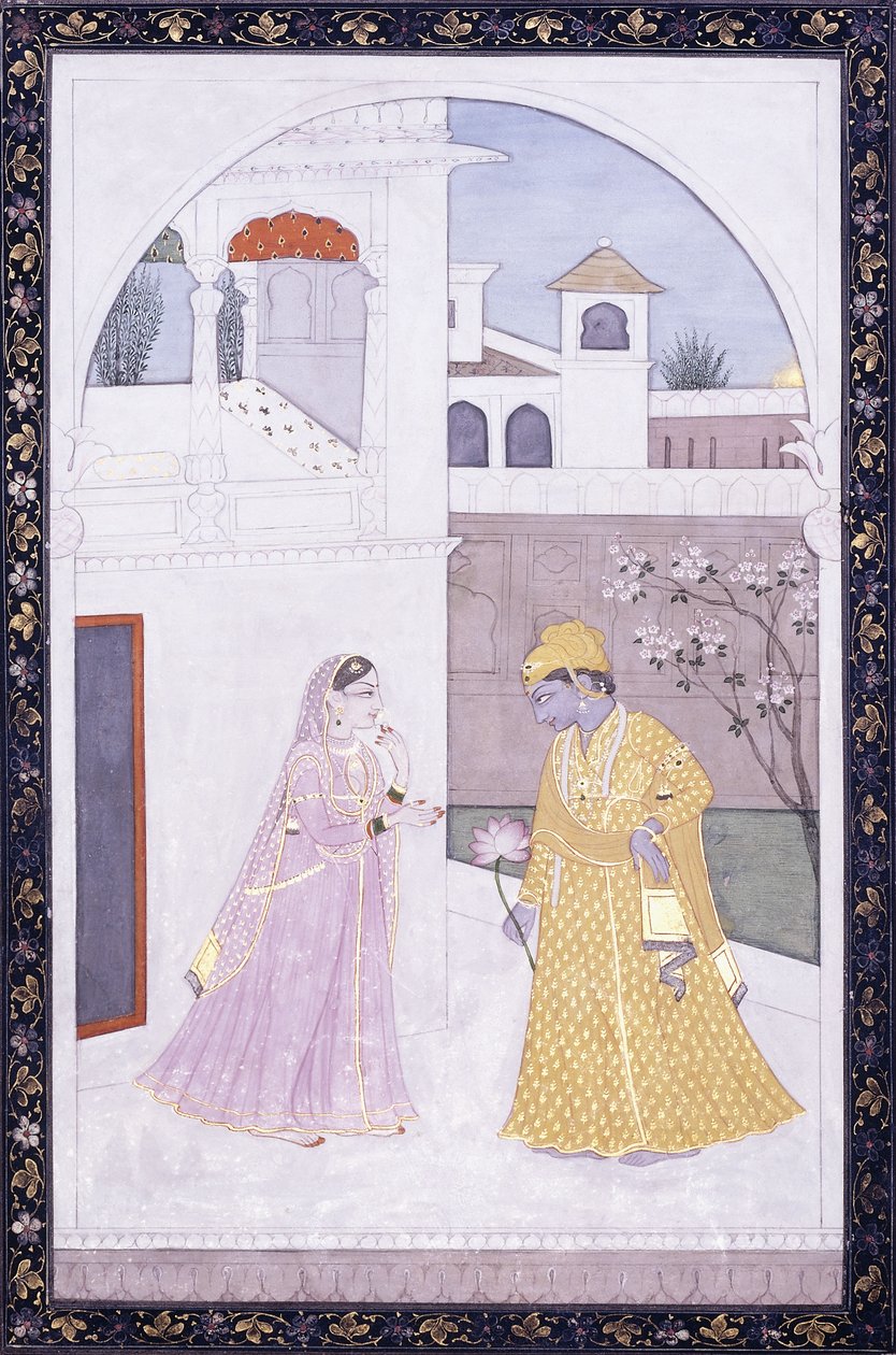 Krishna seisoo kädessään lootuksenkukka, hänen rakastajansa vaaleanpunaisessa sarissa, c. 1800 tekijältä Indian School