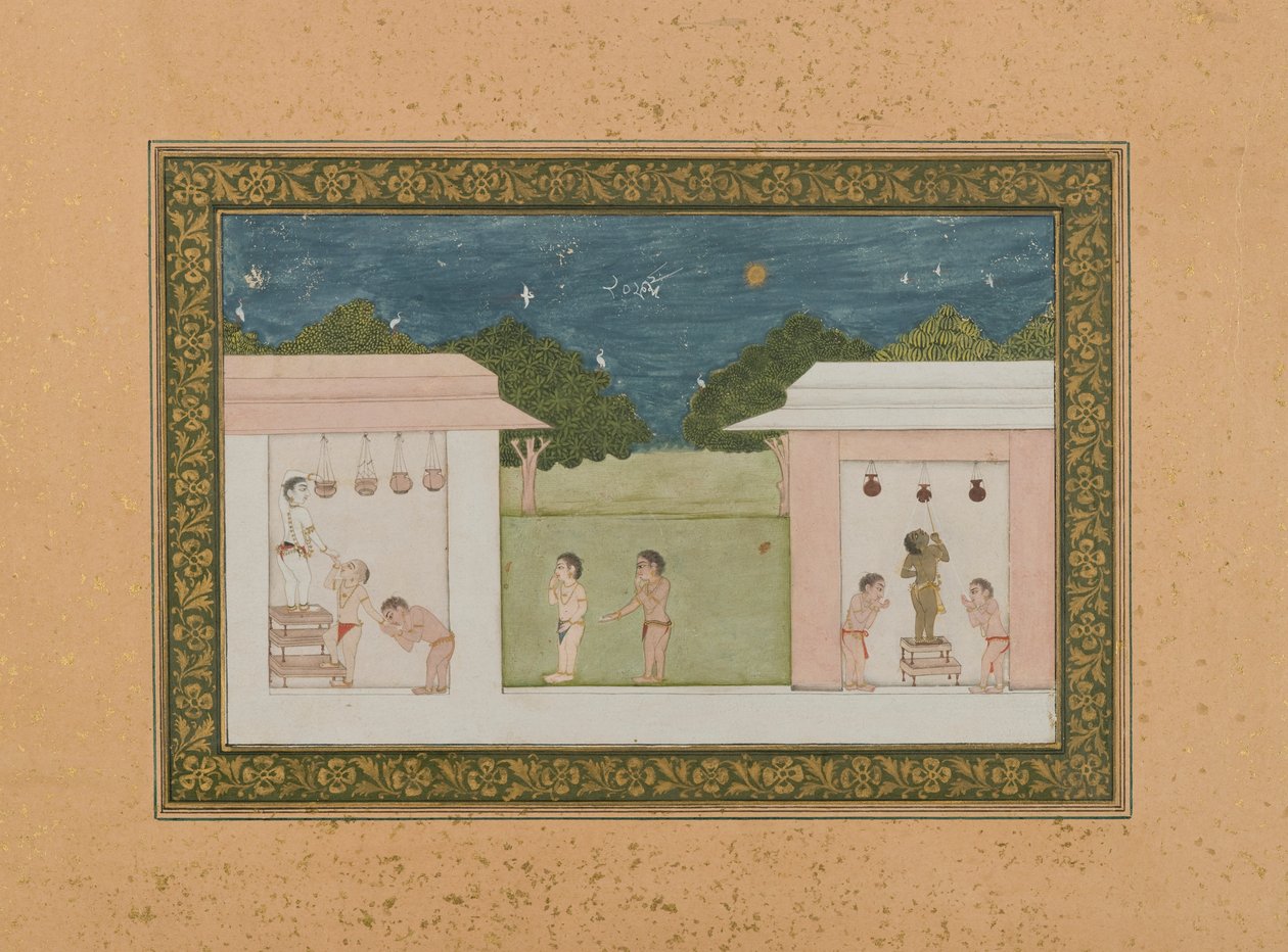 Krishna Stealing Curds, n. 1775 (läpinäkymätön wc ja kultaa paperilla) tekijältä Indian School
