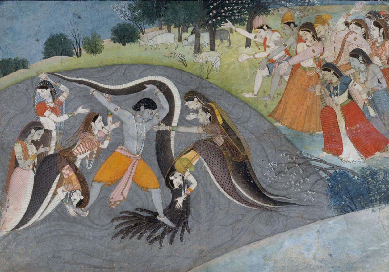 Krishna Subduing Kaliya, the Snake Demon, n.1785 tekijältä Indian School