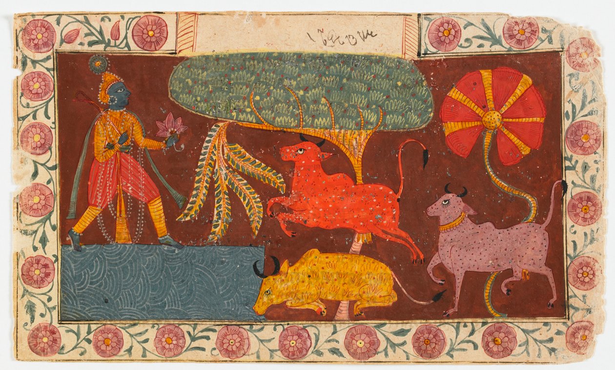 Krishna ja lehmät lammen rannalla, Bhagavata Puranalta (läpinäkymätön wc paperilla) tekijältä Indian School