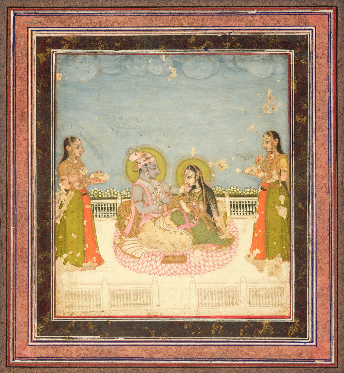 Krishna ja Radha istuvat terassilla, n. 1760-75 (wc, kultaa ja hopeaa paperilla) tekijältä Indian School
