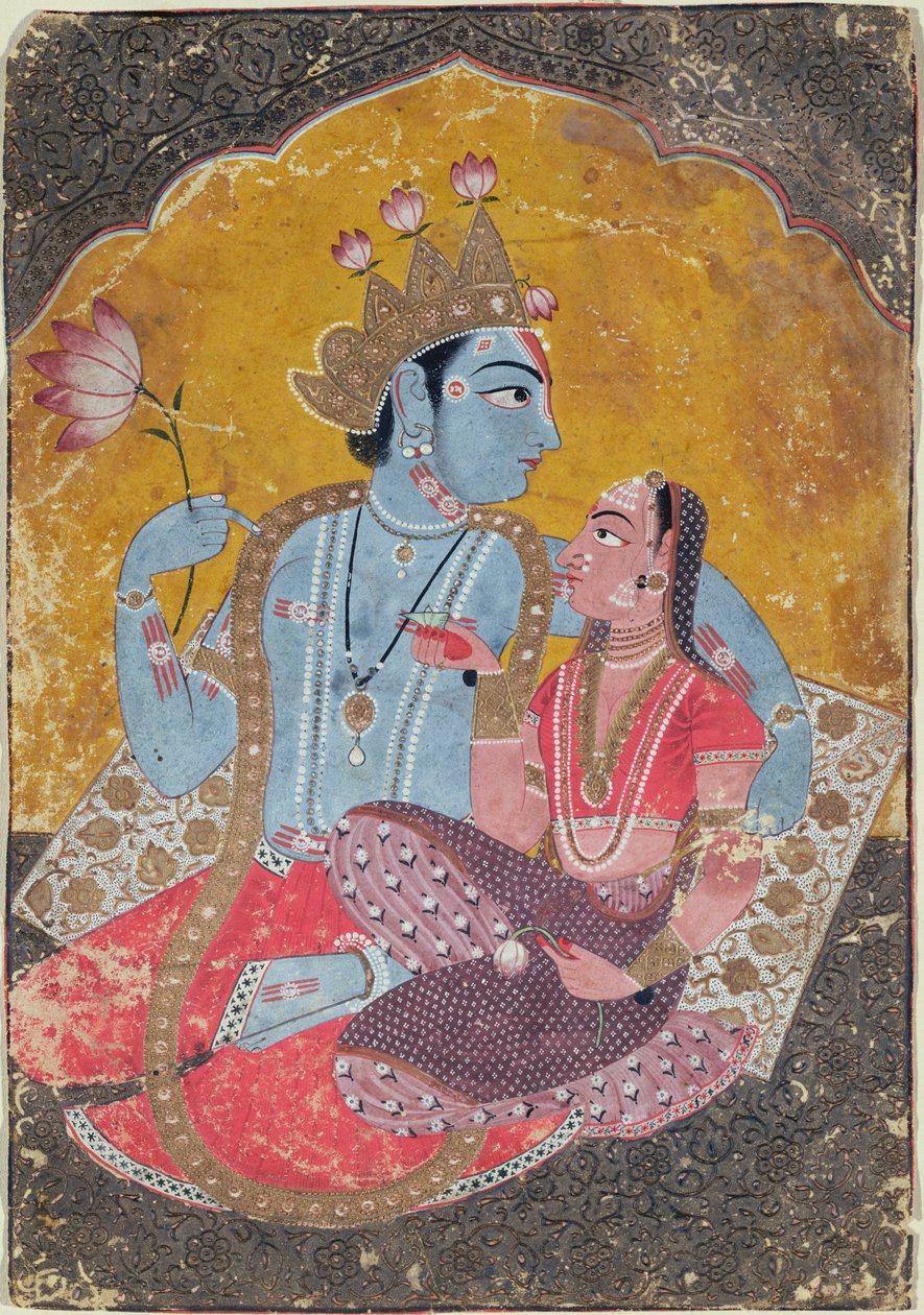 Krishna ja Radha, n. 1690-1700 (läpinäkymätön wc, jossa kohokuvioitu kulta paperille) tekijältä Indian School
