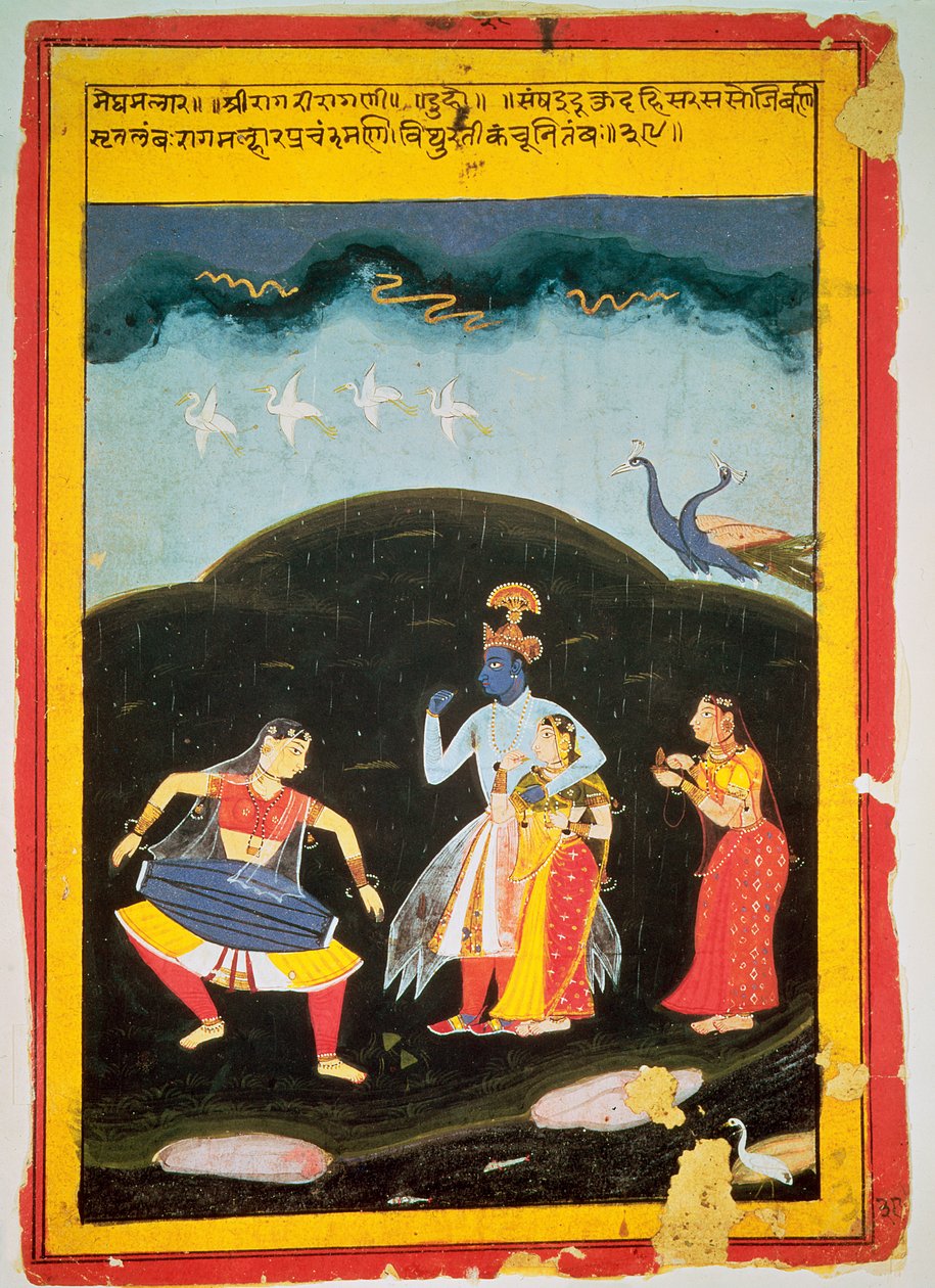 Krishna ja Radha sateessa kahden muusikon kanssa, Rajasthan tekijältä Indian School
