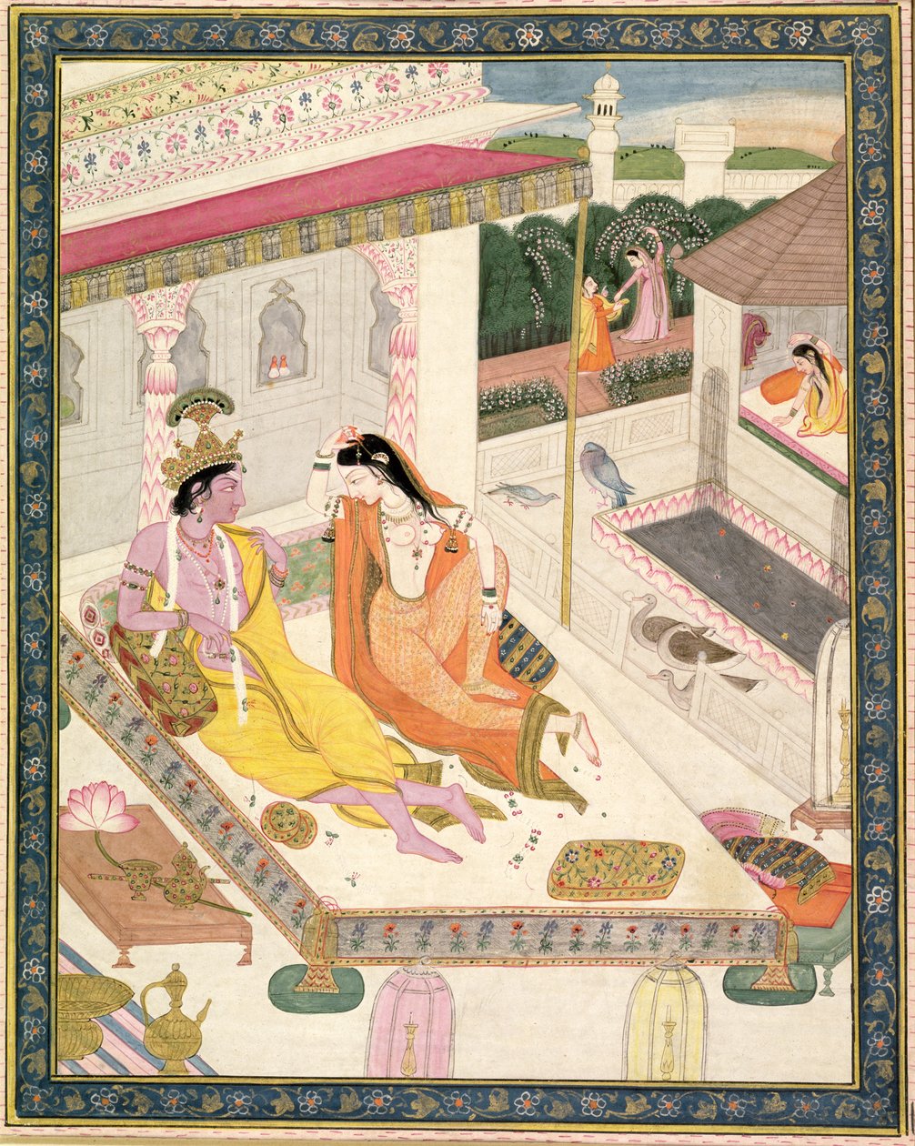 Krishna ja Radha sängyllä Mogul-palatsissa Punjabissa, noin 1860 tekijältä Indian School