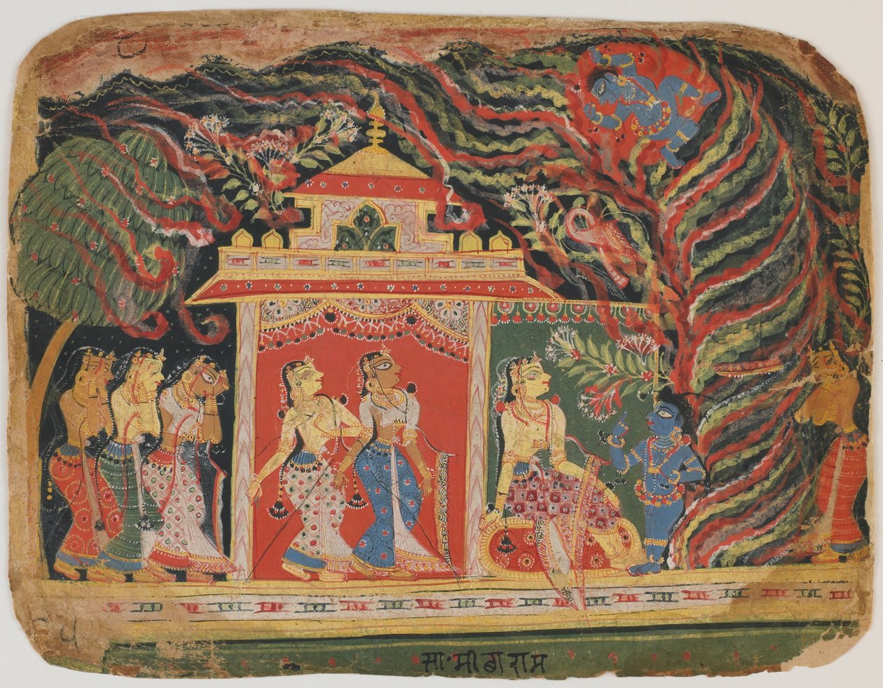 Whirlwind Demon kantoi Krishnan Bhagavata Puranalta. n. 1520-30 (läpinäkymätön wc paperilla) tekijältä Indian School