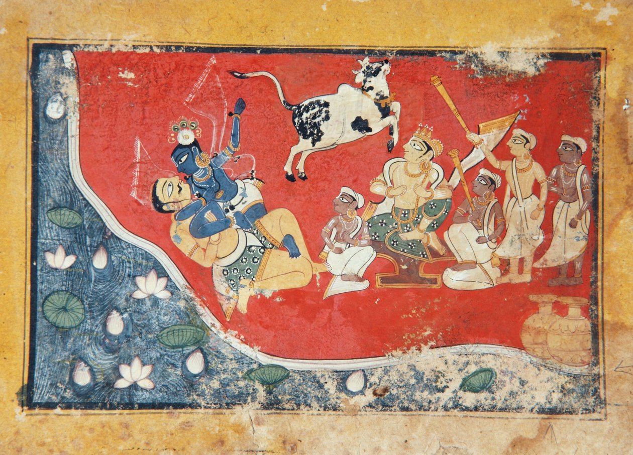 Krishna voittaa demonin joen rannalla, n. 1560 (läpinäkymätön wc paperilla) tekijältä Indian School