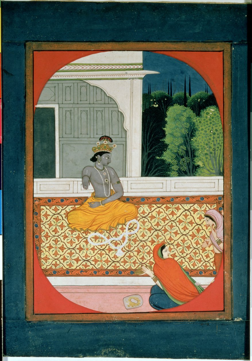 Krishna hylkää seppeleensä; kuva Bihari Lalin Sat Saille, 1800-luvulla tekijältä Indian School
