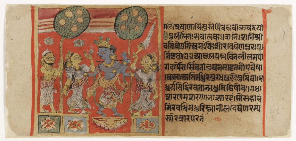 Krishna huiluttelee kahden gopin edessä, harrastaja katselee, Balagopalastutista n. 1450 (läpinäkymätön wc ja kultaa paperilla) tekijältä Indian School