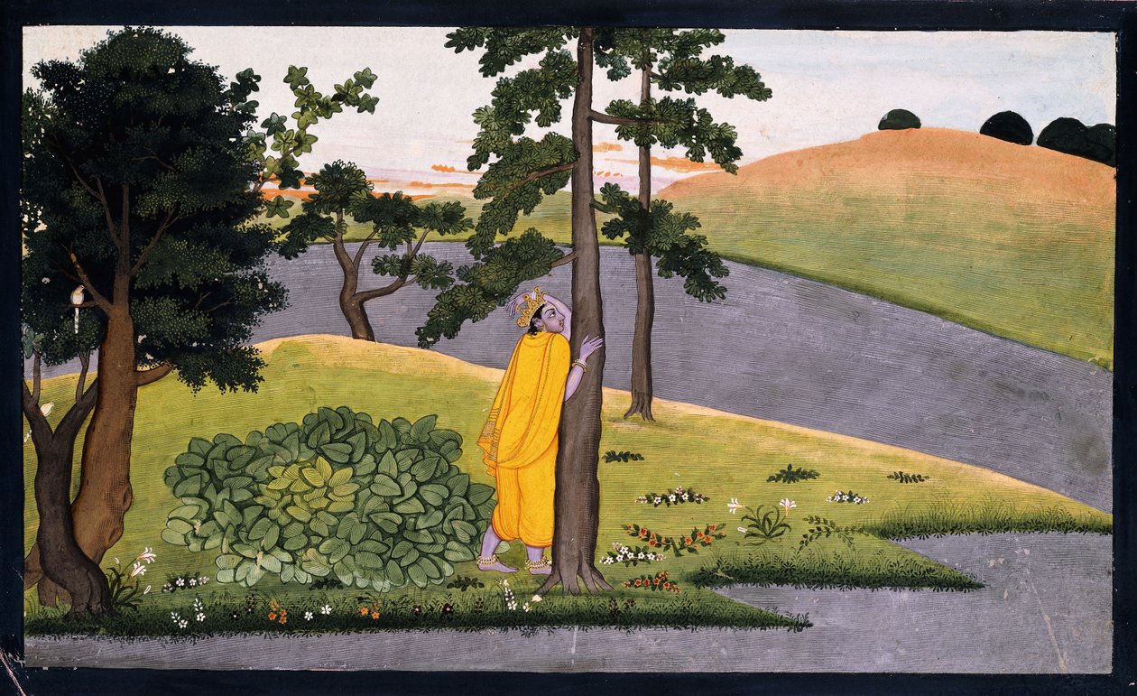Krishna nojaten puuhun odottamassa Radhaa, noin 1780 tekijältä Indian School