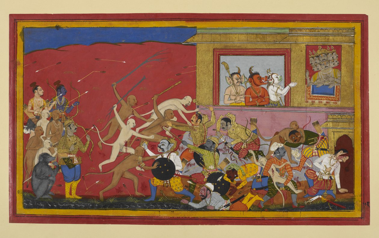 Kumbha ja Nikumbha taistelevat apinoita vastaan; demonit raportoivat Rāvaṇalle. tekijältä Indian School