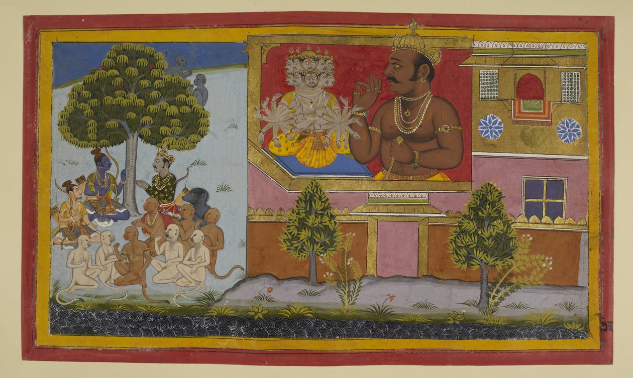 Kumbhakarṇa ylpeilee voitollaan; Rāma suunnittelee vastatoimia hänen pelottavalle läsnäololleen. tekijältä Indian School