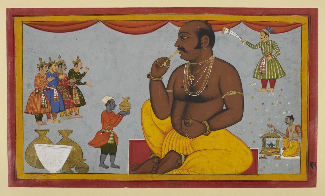 Kumbhakarṇa herätetään taistelemaan Rāmaa vastaan; ministerit huolehtivat hänestä rituaalein. tekijältä Indian School