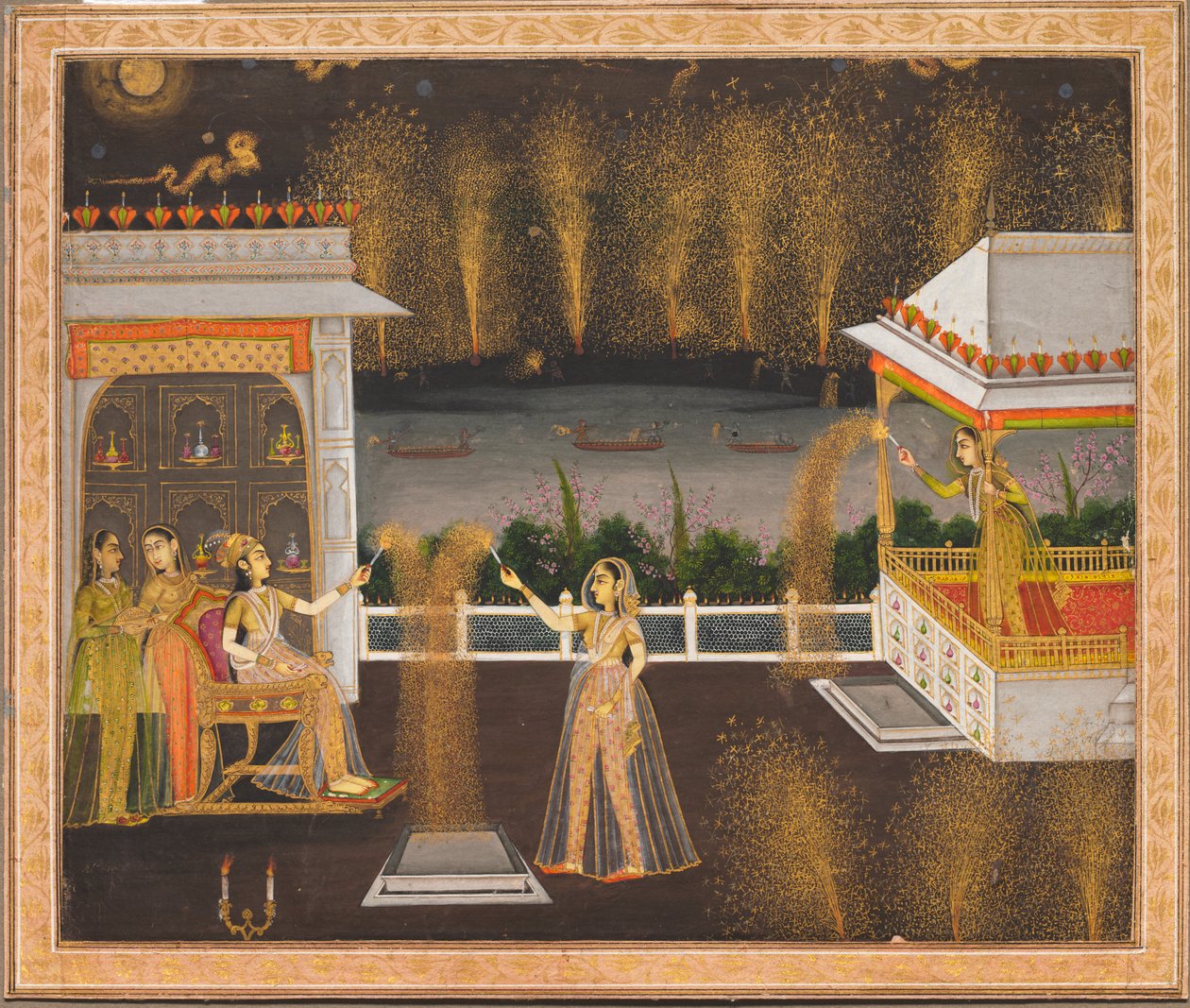 Diwalia juhlivat naiset, noin 1760 (peittävä akvarelli ja kulta paperilla). tekijältä Indian School