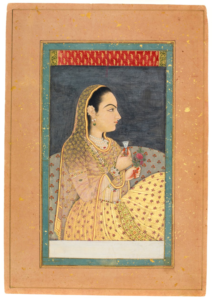 Lady pitelee kuppia ja kukkaa, 1700-luvun alku (wc kultaa ja hopeaa paperilla) tekijältä Indian School