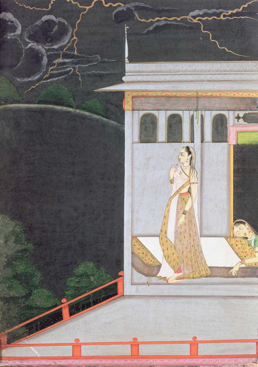 Nainen odottaa rakastajaansa, "Vasakasayya Nayika", yksi hindujen retoriikan sankaritarista, Punjab Hills, n. 1760 tekijältä Indian School