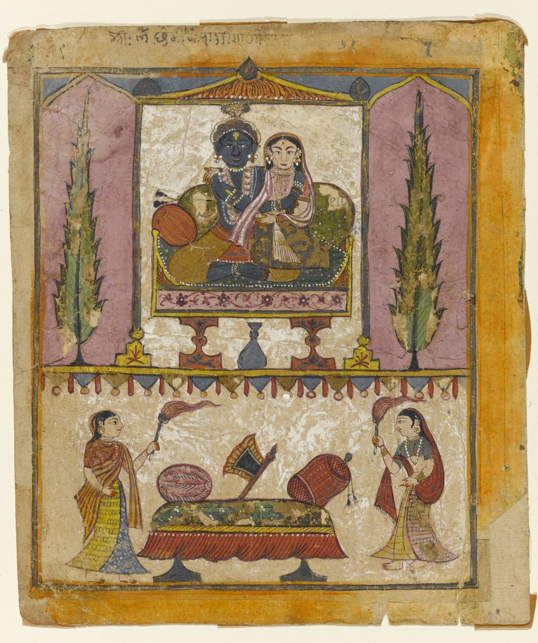 Lakshmi Naryana, Tula Ram Bhagavata Puranan etuosa (läpinäkymätön wc, kultaa ja hopeaa paperilla) tekijältä Indian School