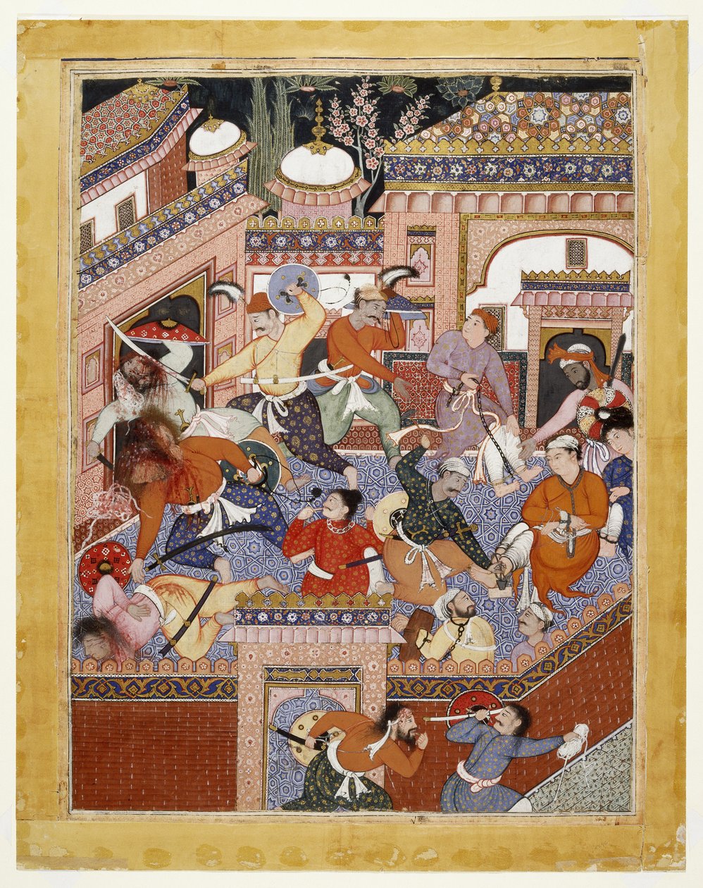 Songhur Balkhin ja Lulu vakooja johtivat ayyarit katkaisivat vankilan vartijoiden ja Free Said Farrukh-Nizhadin kurkut, 1557 - 1572 (läpinäkymätön akvarelli ja kulta puuvillakankaalla) tekijältä Indian School