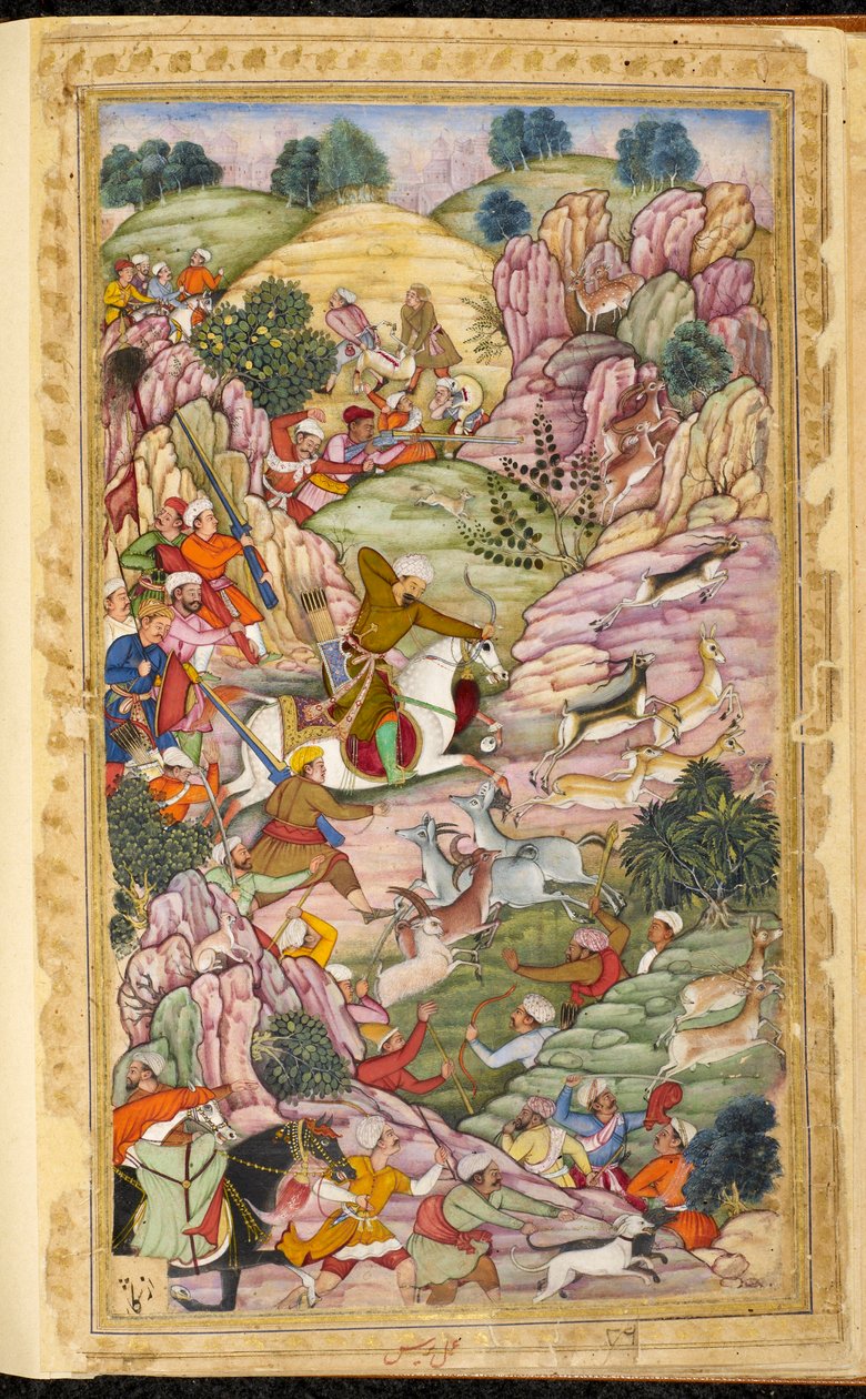Keisari Babur metsästää Ali Shangin ja Alangarin välissä, Kabulin alueella (Afganistan). Miniatyyri persialaisesta käsikirjoituksesta Vaqi at i Baburi, Mughal-keisari Baburin (Zahir ud din Muhammad) (1483-1530) muistelmat, Intia, noin 1590. Brittivaaka tekijältä Indian School