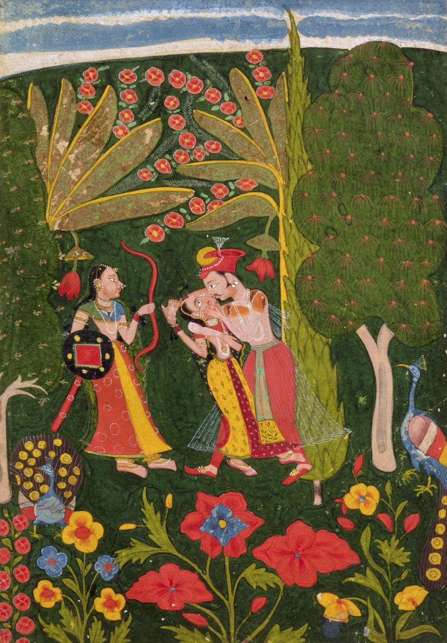 Lovers Embracing in a Forest, Bundi, n. 1650 (guassi velumilla) tekijältä Indian School