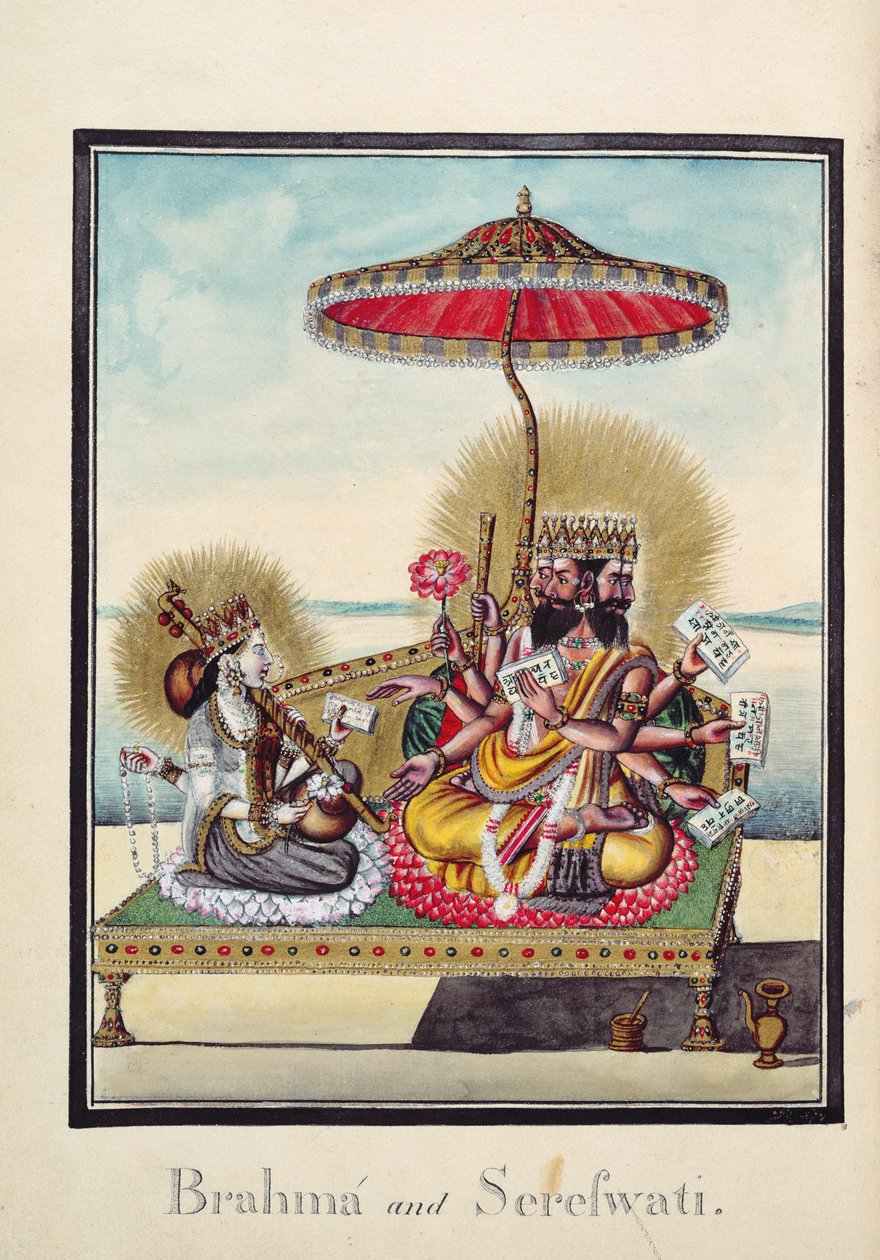 MSS EUR C 116/1 f.24v Brahma ja Saraswati, hindu-eeposesta "Adhyatma Ramayana", chapra-taiteilija, vesileima 1802 (akvarelli) tekijältä Indian School