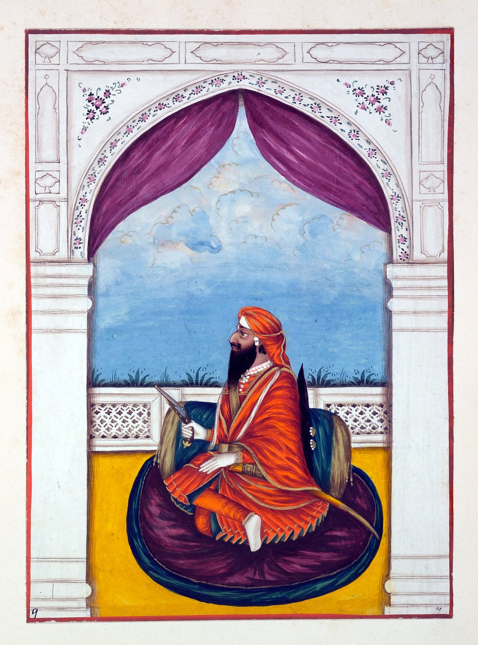 Maharaja Dyan Singh, kirjasta The Kingdom of the Punjab, its Rulers and Chiefs, osa I, 27 akvarellitutkimuksen osio tunnistamattomalta intialaiselta taiteilijalta, n. 1840 (wc paperilla) tekijältä Indian School