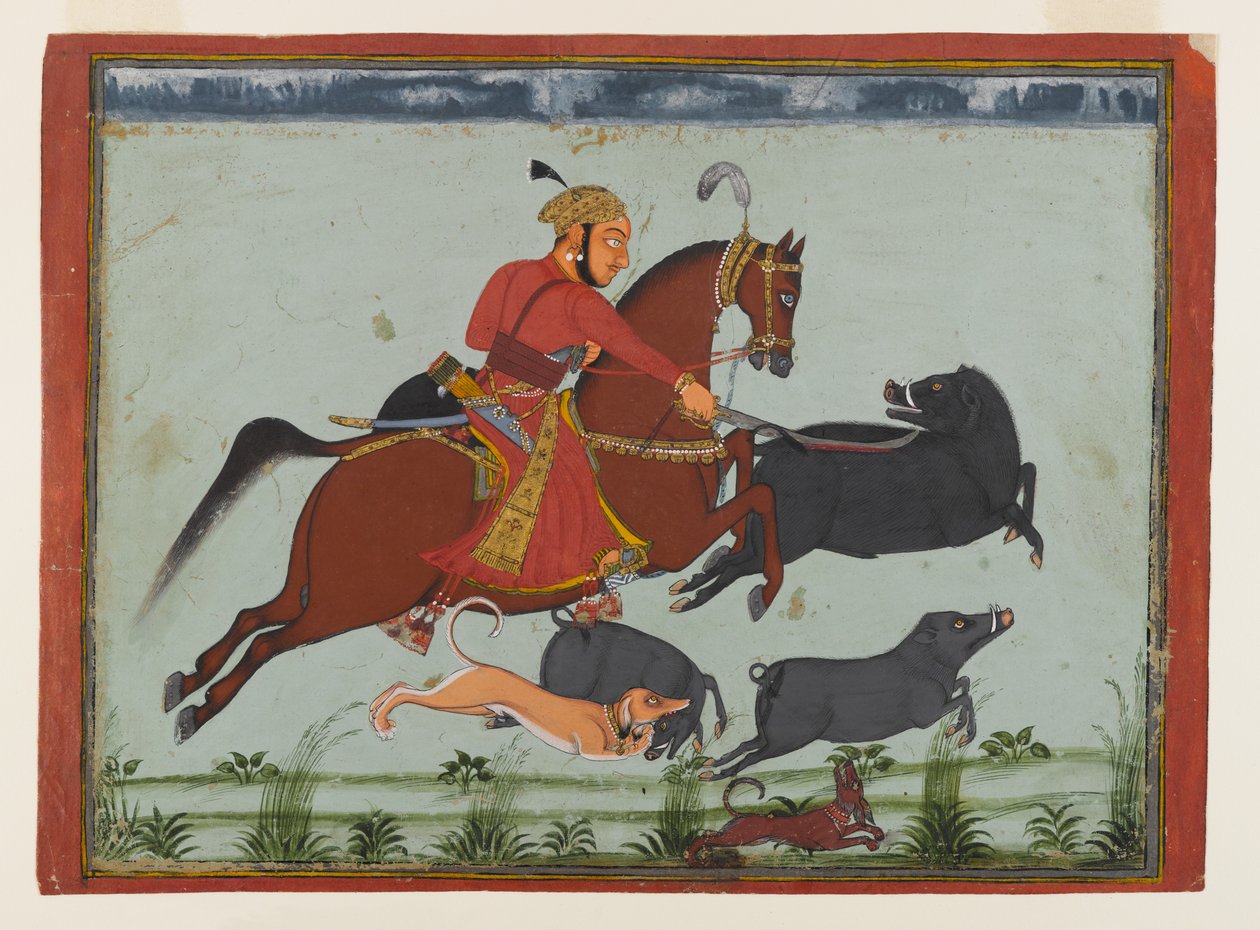 Maharaja Pratap Singh II de Mewar Caça ao Javali, c.1750-75 (aquarela, ouro e prata sobre papel) finlandês tekijältä Indian School