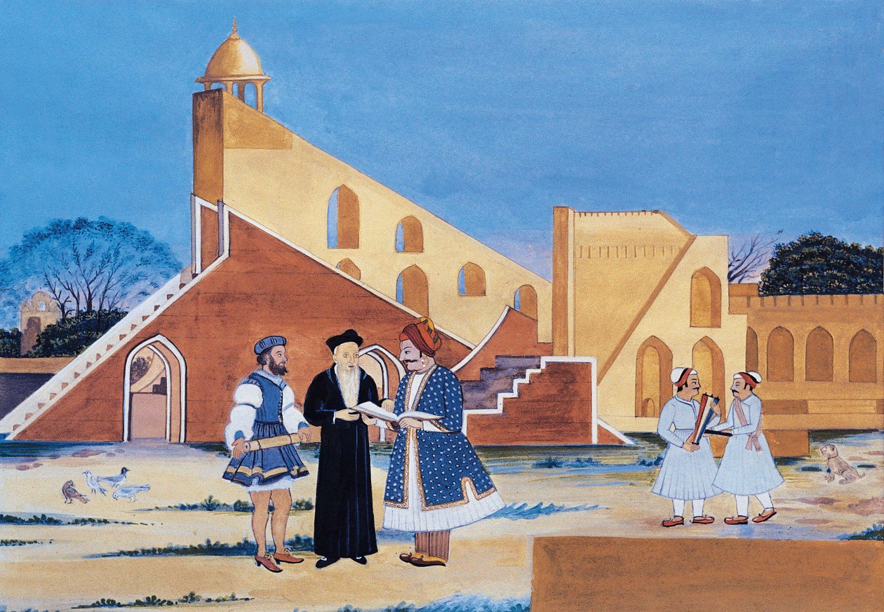 Maharaja Sawai Jai Singh II:n maalaus, Jantar Mantar, Jaipur, Rajasthan, Intia (akvarelli paperille) (vesiväri paperille) tekijältä Indian School