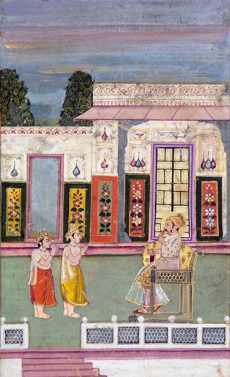 Maharaja Sawai Jai Singhiä tervehti kaksi kruunattua miestä, n. 1735 (läpinäkymätön wc ja kulta paperilla) tekijältä Indian School