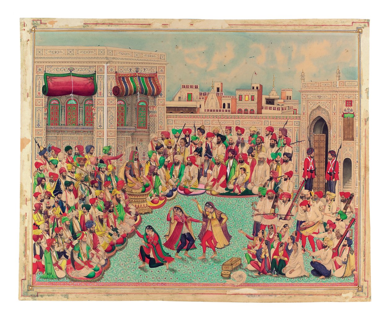 Maharaja Sher Singh ja seuralaiset katsomassa tanssiesitystä, n. 1850 (läpinäkymätön akvarelli ja kulta paperille) tekijältä Indian School