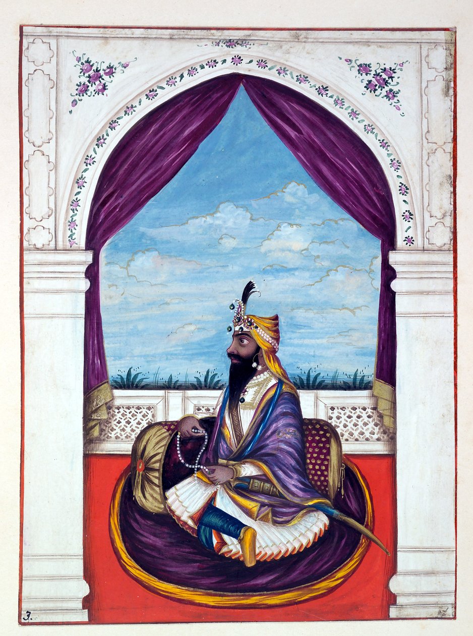 Maharaja Kharak Singh, teoksesta The Kingdom of the Punjab, its Rulers and Chiefs, osa I, 27 akvarellitutkimuksen osio tunnistamattomalta intialaiselta taiteilijalta, n. 1840 (wc) tekijältä Indian School